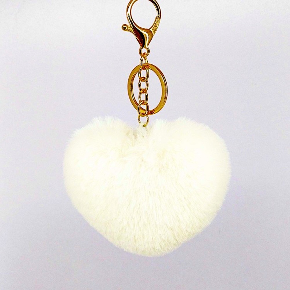 White plush heart key charm or purse charm. Free shipping!